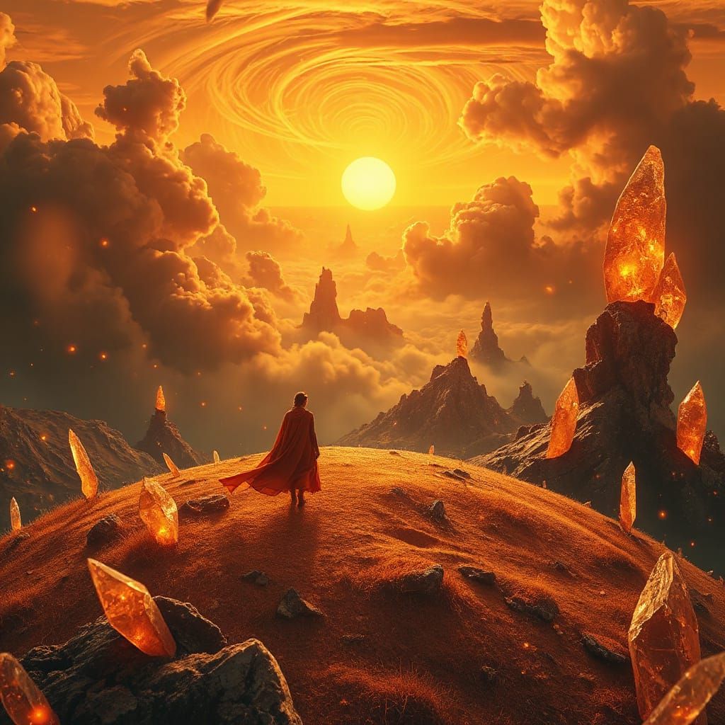 Surreal Dreamscape: Figure on Marigold Hill in Orange Silk