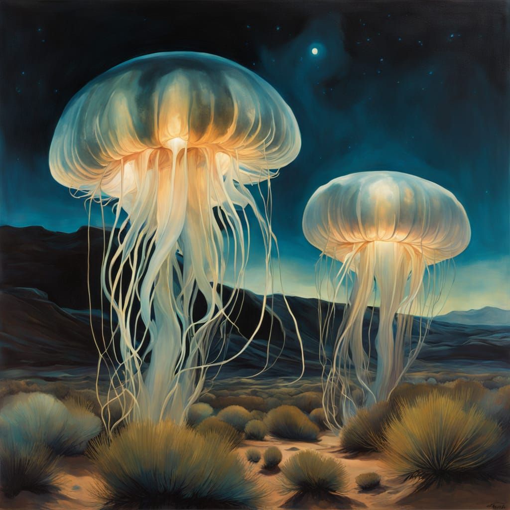 Surreal Bioluminescent Jellyfish in a Moonlit Desert Landsca...