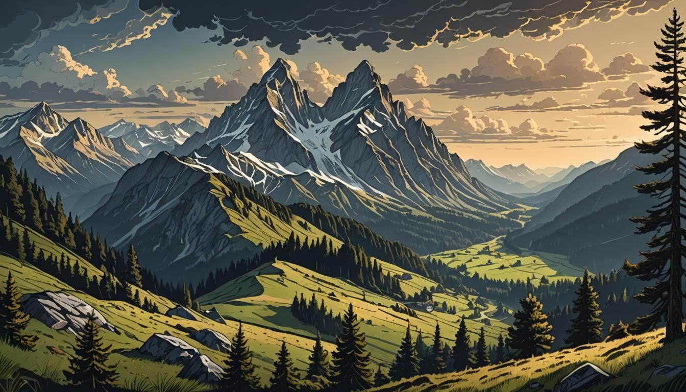 Switzerland Alps Meadow at Dawn Digital Illustration