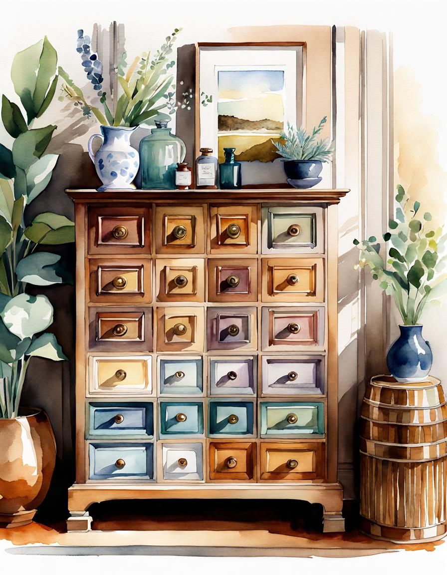 Boho Chic Apothecary Cabinet in Watercolor Sketch