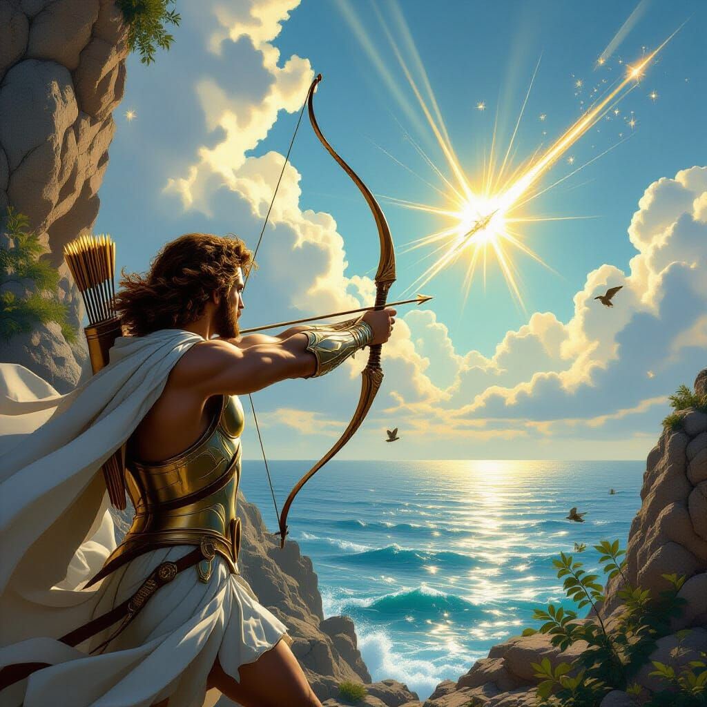 Apollo Releases Glowing Arrow in Renaissance Fresco Style