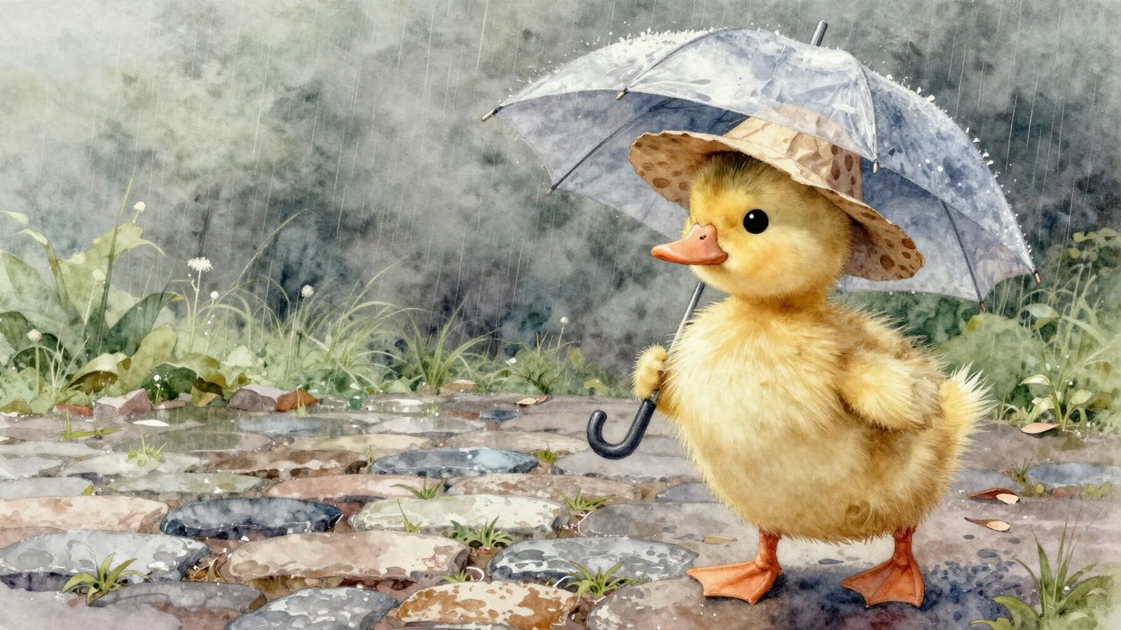 Cute Duckling in Paper Hat with Umbrella on Cobblestone Path