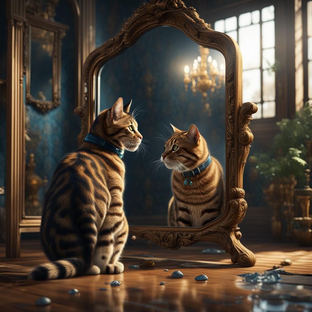 Tabby Cat's Reflection: Detailed Fantasy Art