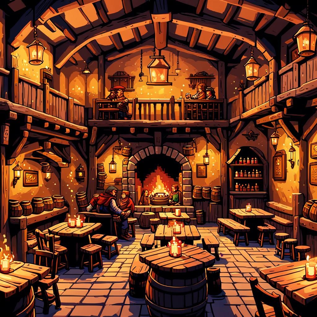 Cozy Pixel Art Tavern with Adventurers and Warm Lighting