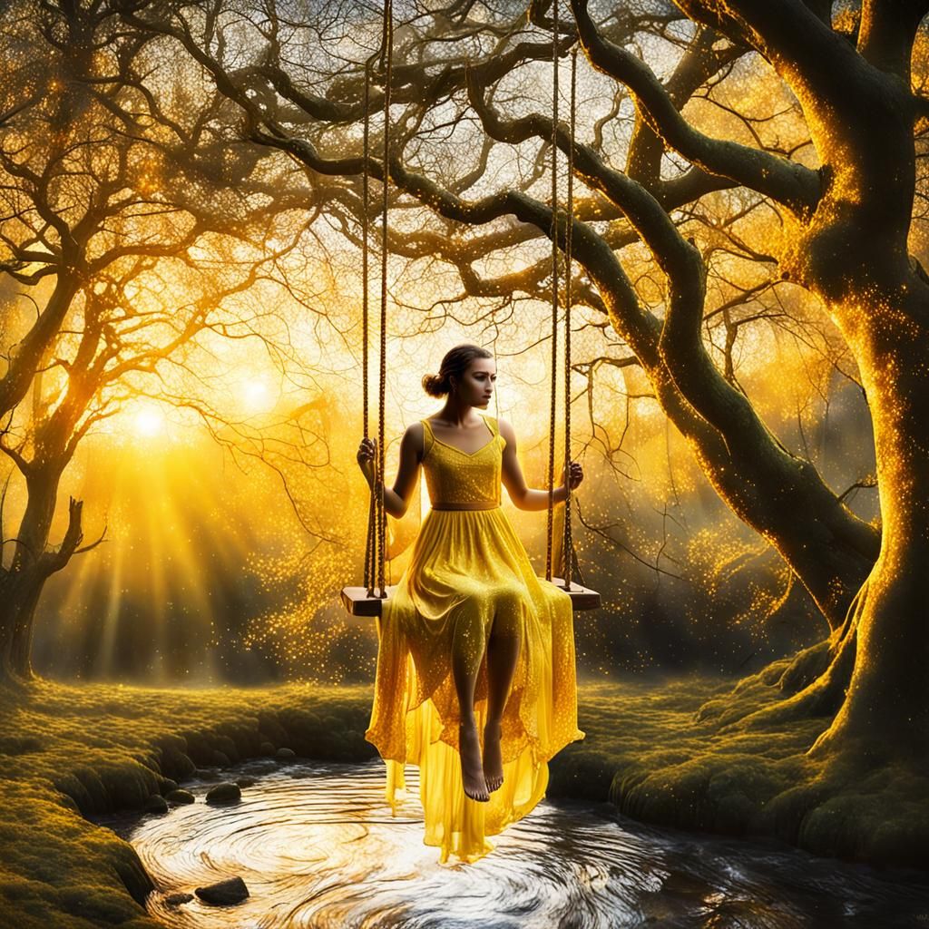 Double Exposure: Girl on Forest Swing at Sunset