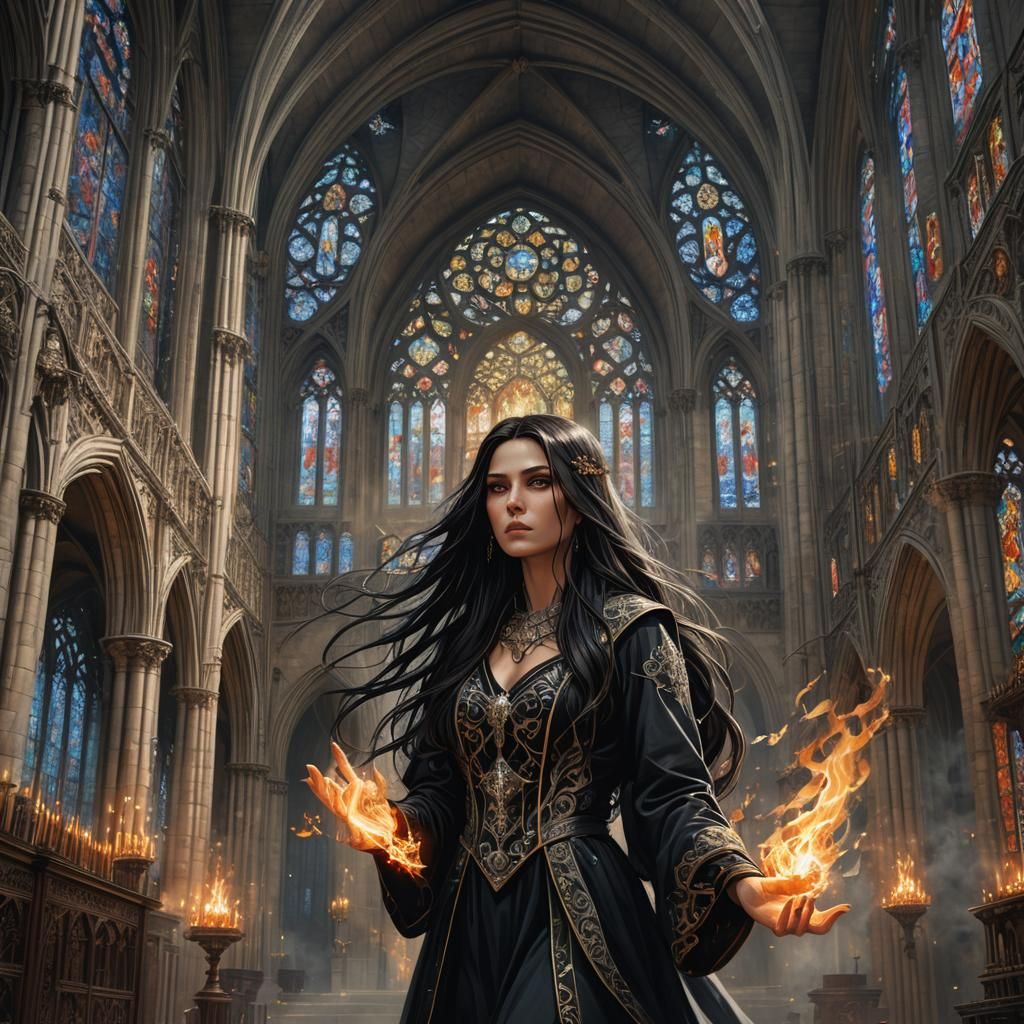 Sorceress Summons Fire in Gothic Cathedral