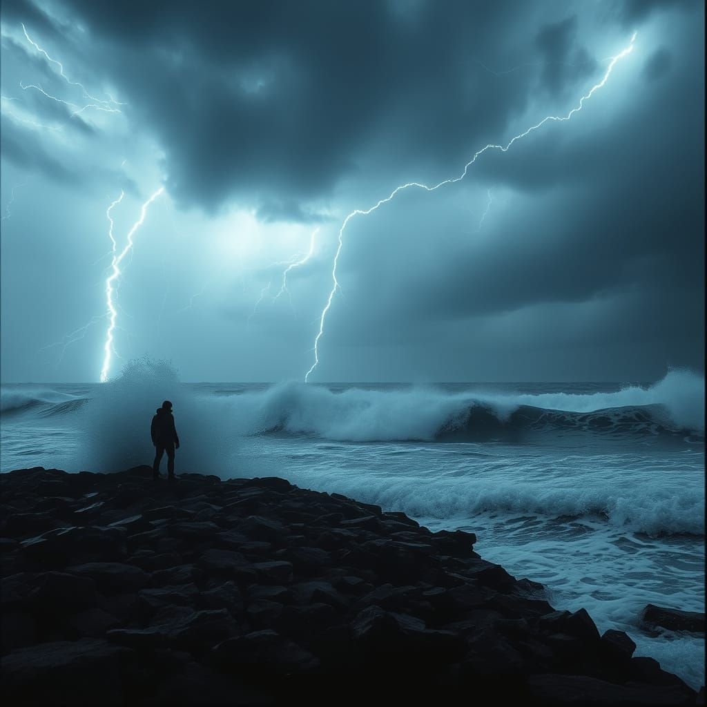 Stormy Cinematic Seascape in Moody Film Noir Style