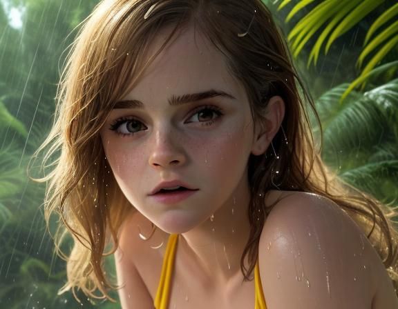 Emma Watson in Jungle Rain, Hyperrealistic Digital Art