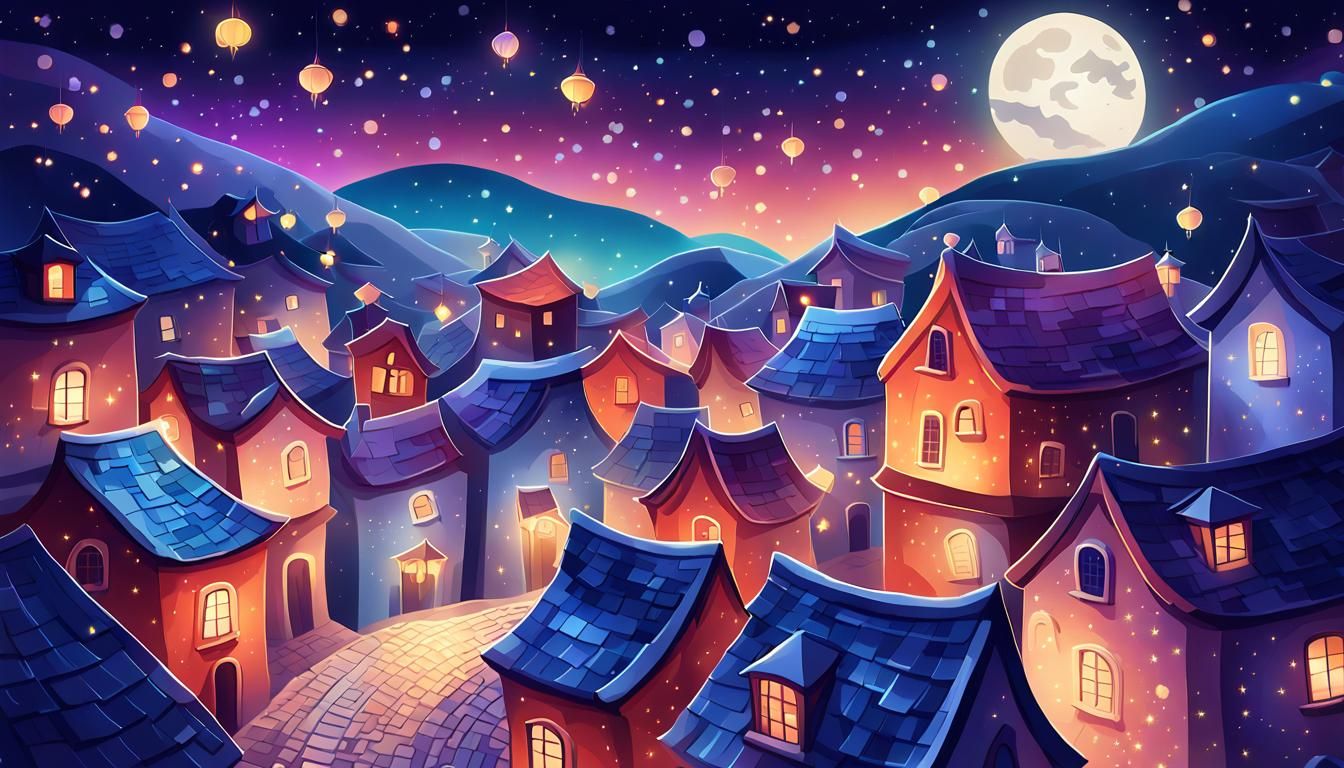Whimsical Village Under Starry Night Sky