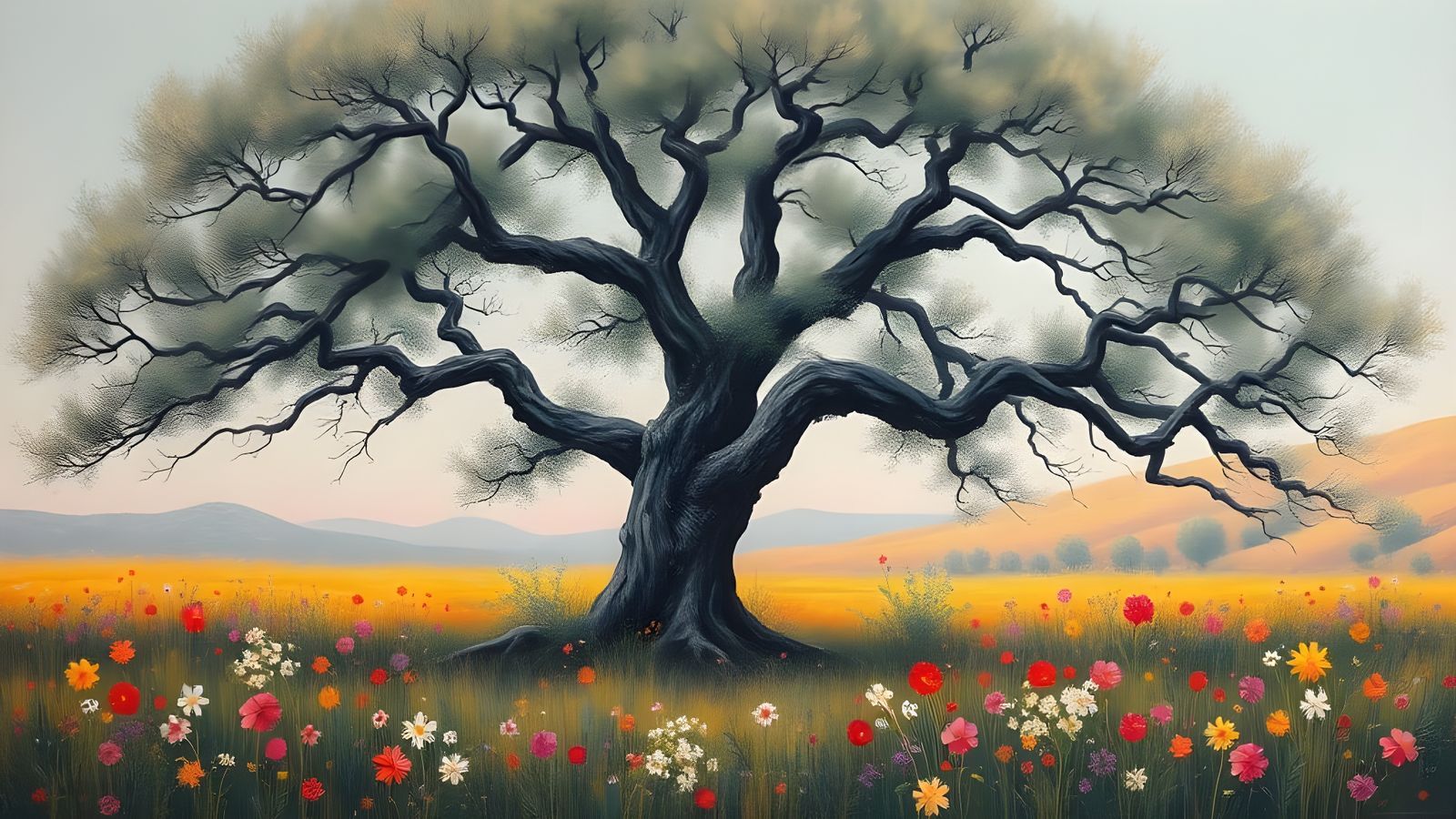 Impressionistic Landscape Painting of an Old Tree Garden