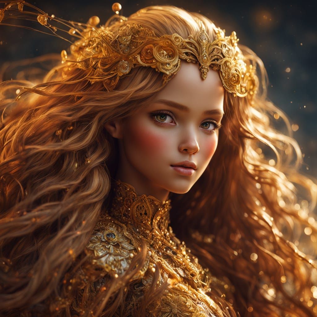Fantasy Doll Portrait with Honey Hair and Hazel Eyes