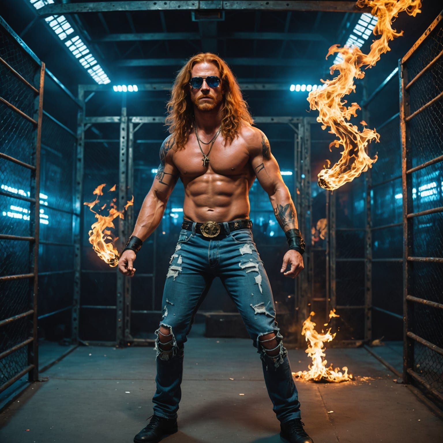 Cyberpunk Wrestler with Flame Tattoos in Steel Cage