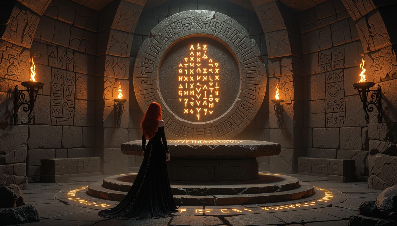 Mystical Stone Chamber with Witch and Glowing Altar