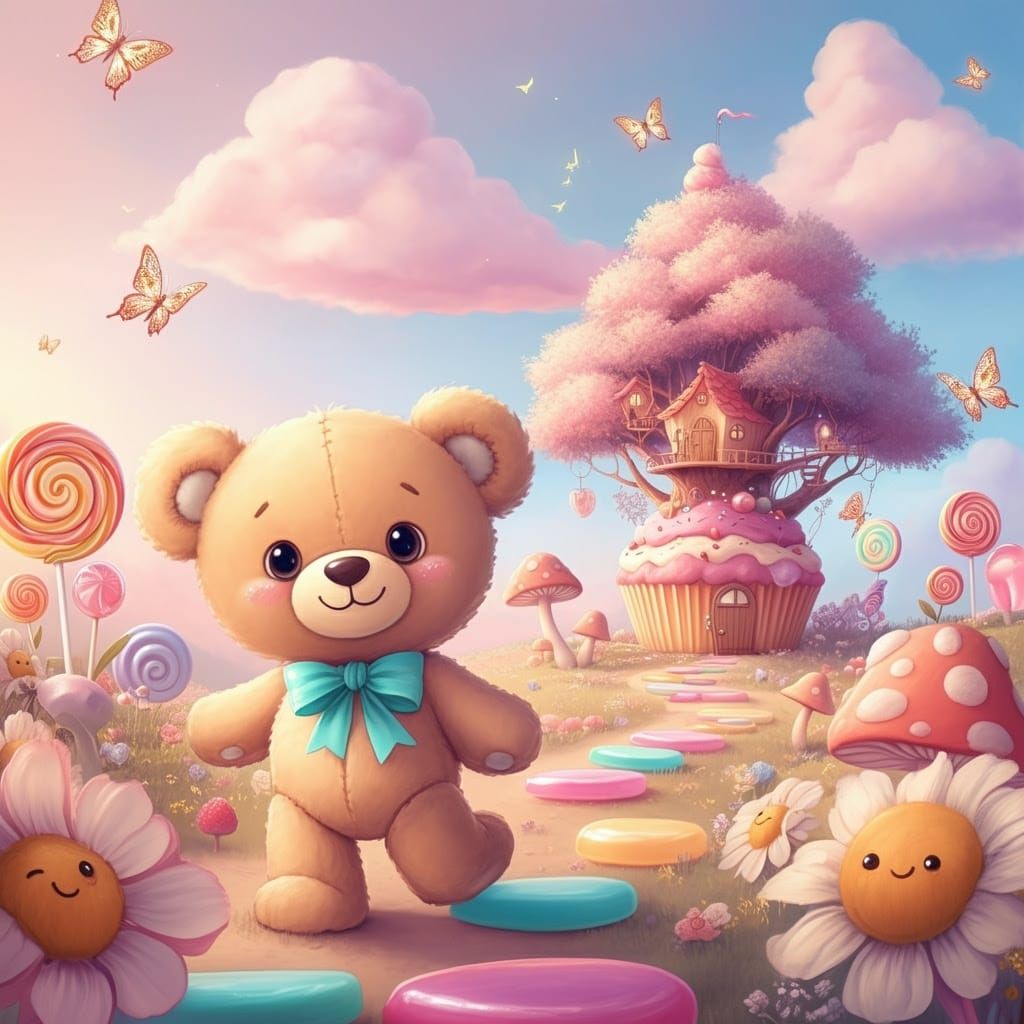Dreamy Cartoon Teddy Bear in Candy Meadow