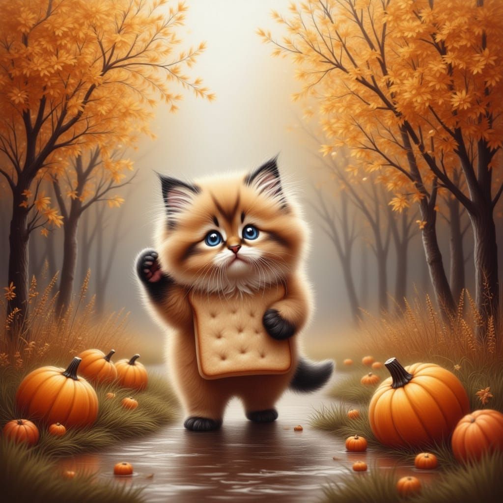Cute Kitten in Bread Costume in Autumn Forest