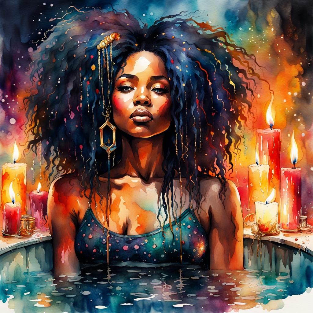 Watercolor Portrait: Curvy Woman in Candlelit Bath