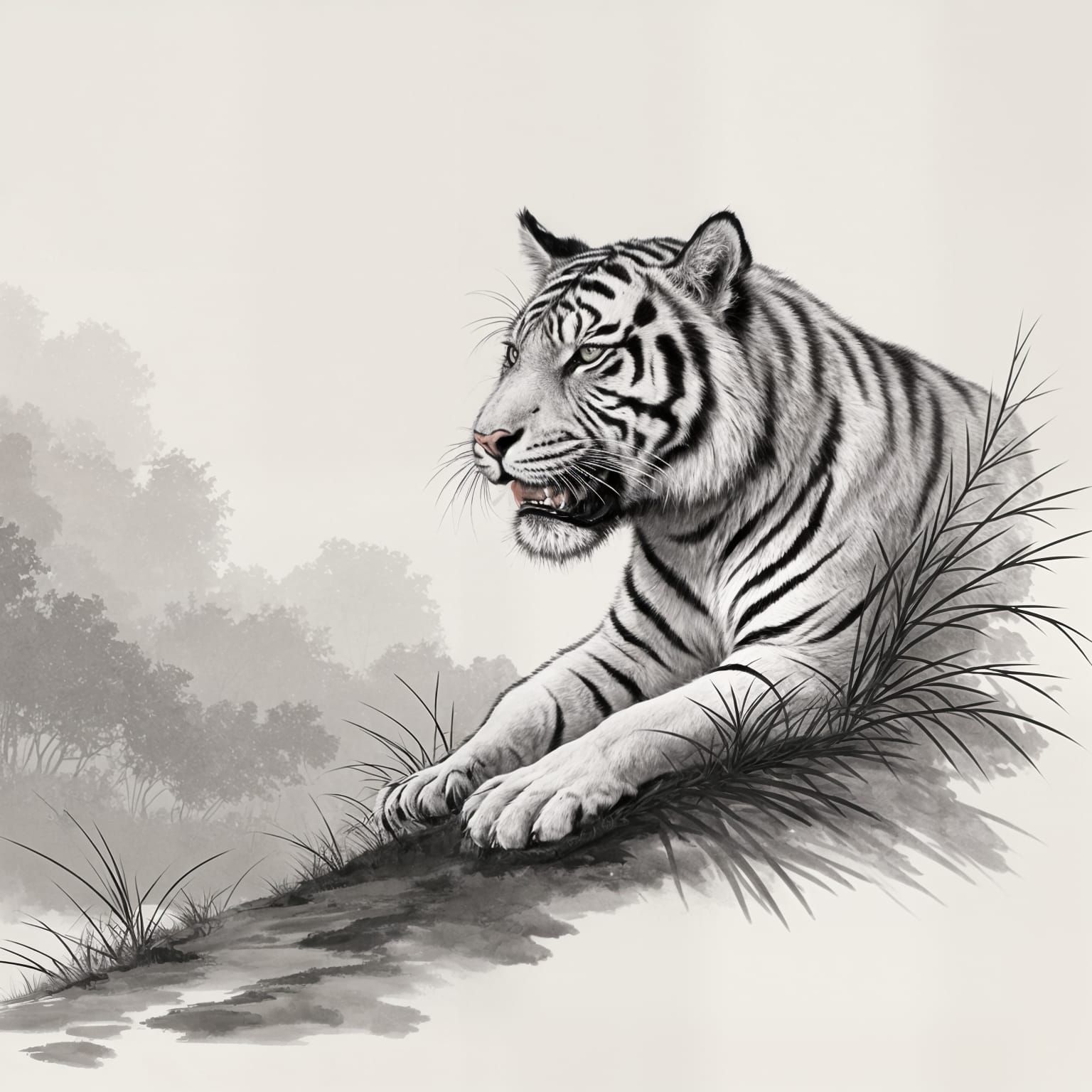 Majestic Tiger in Misty Landscape in Sumi-e Style