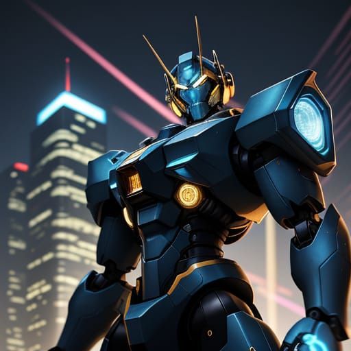 Anime Style Mech in Cityscape, Vibrant Colors, Glowing Lines