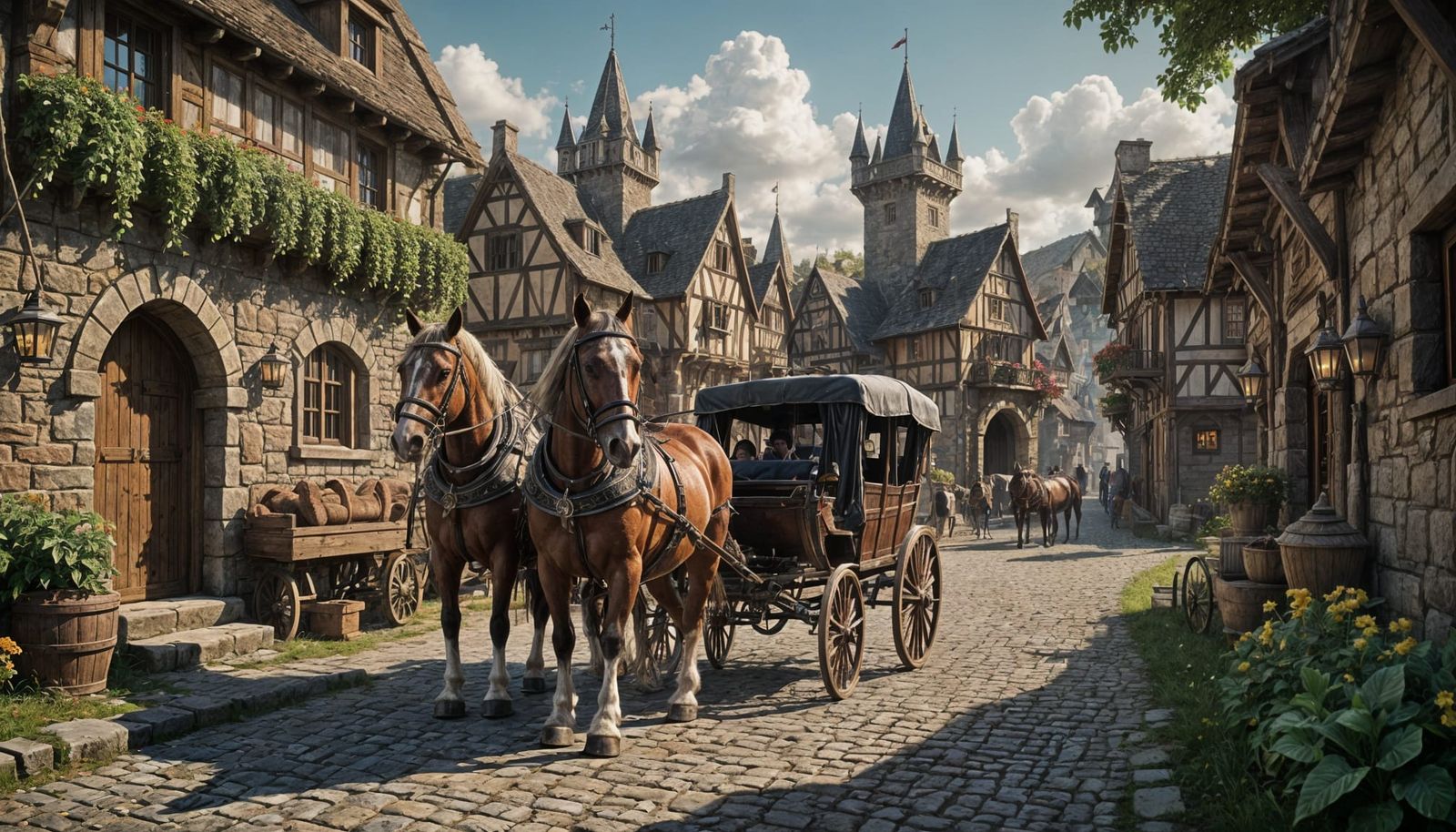 Horse-Drawn Carriage in Medieval Village: Fantasy Art