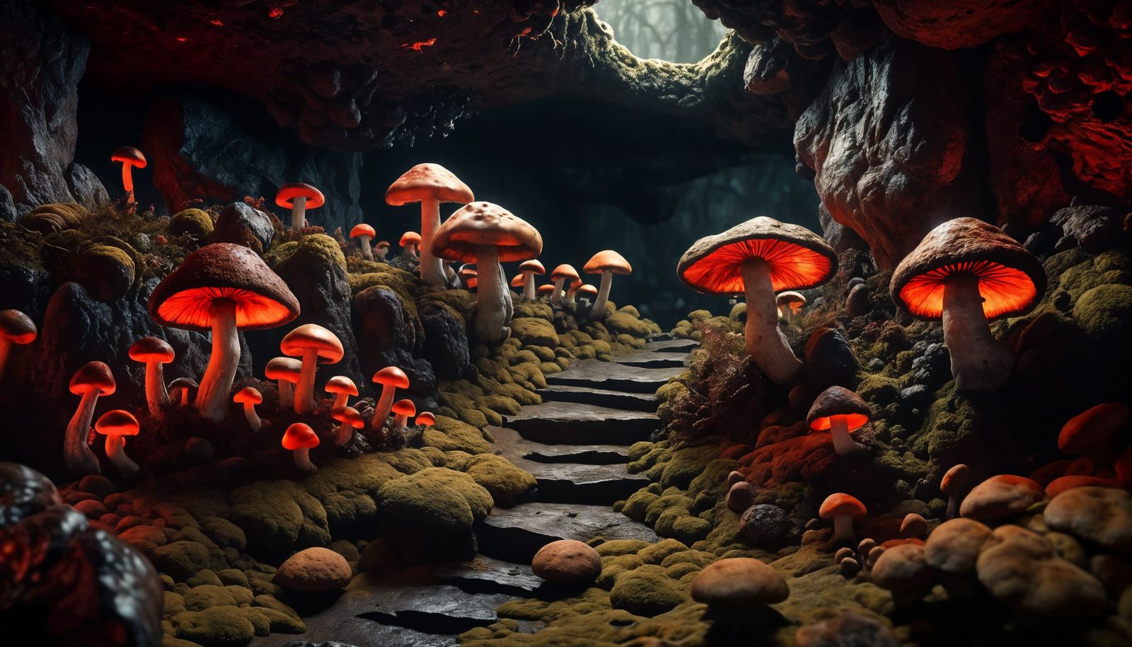 Enigmatic Cave Illuminated by Glowing Mushrooms