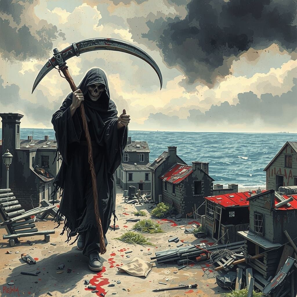 Reaper in War-Torn Town, Watercolor Ink Style