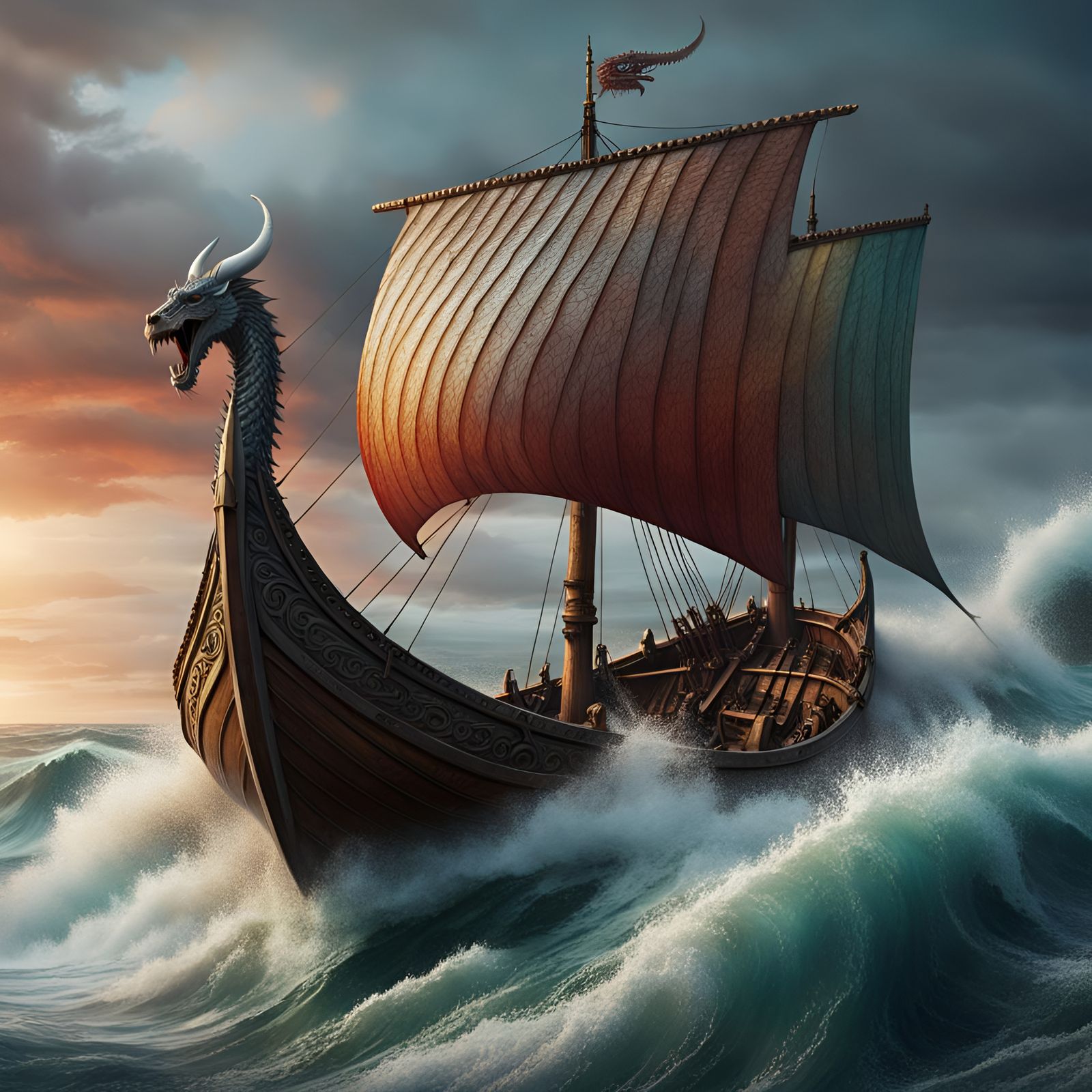 Viking ship on a rough sea with a dragon flying overhead.