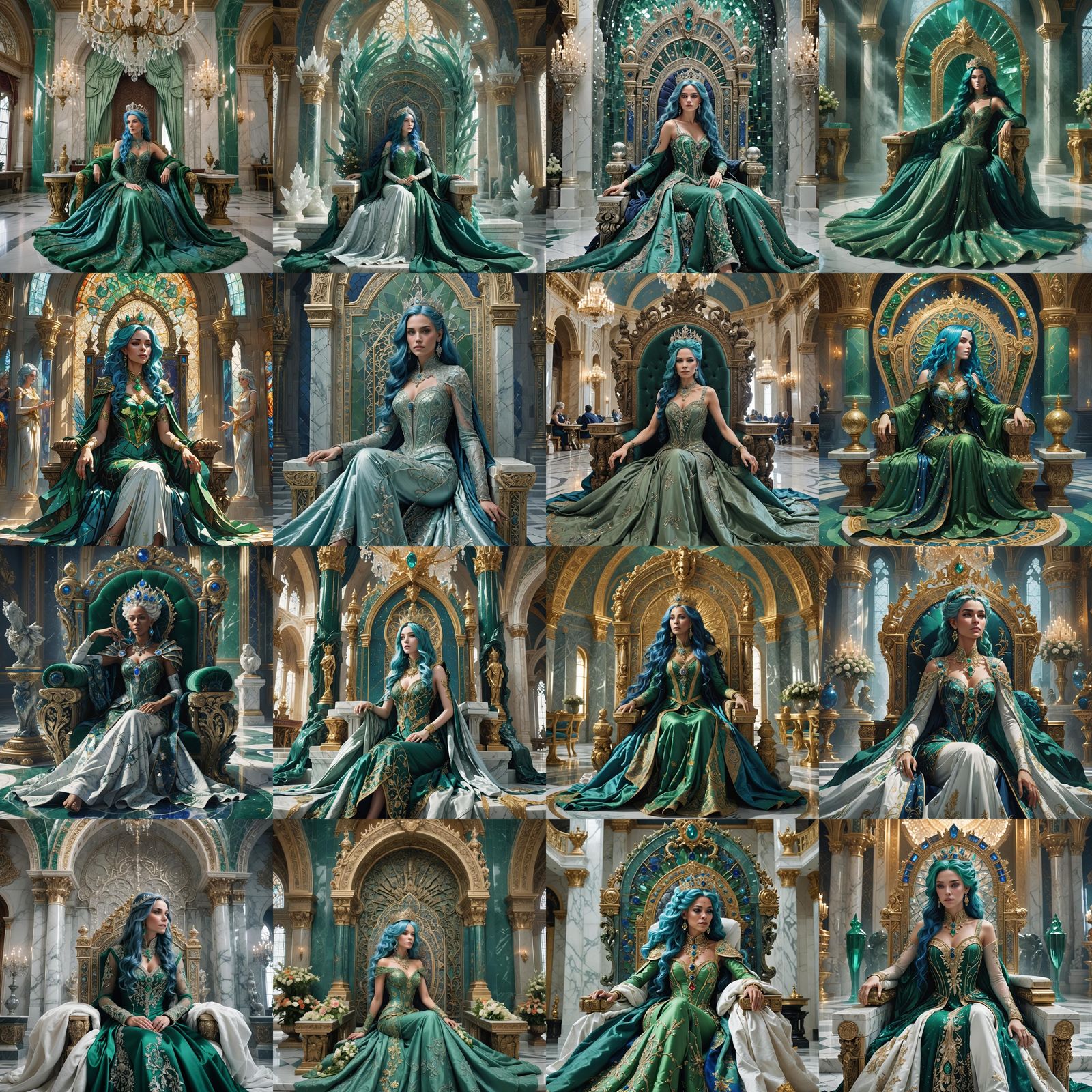 Blue-Haired Queen on Crystal Throne: Fantasy Art