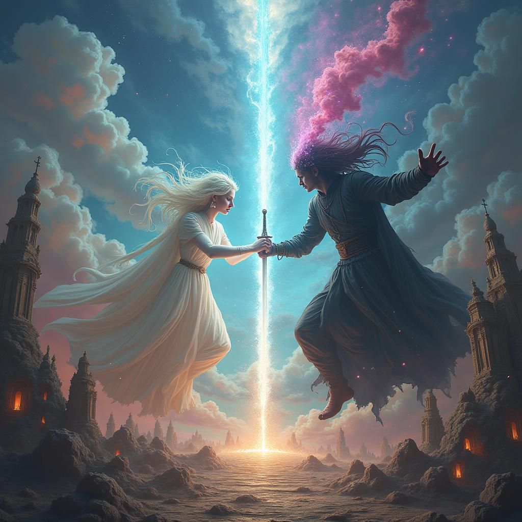 True vs. False Dreamscape Fight in Surrealist Style