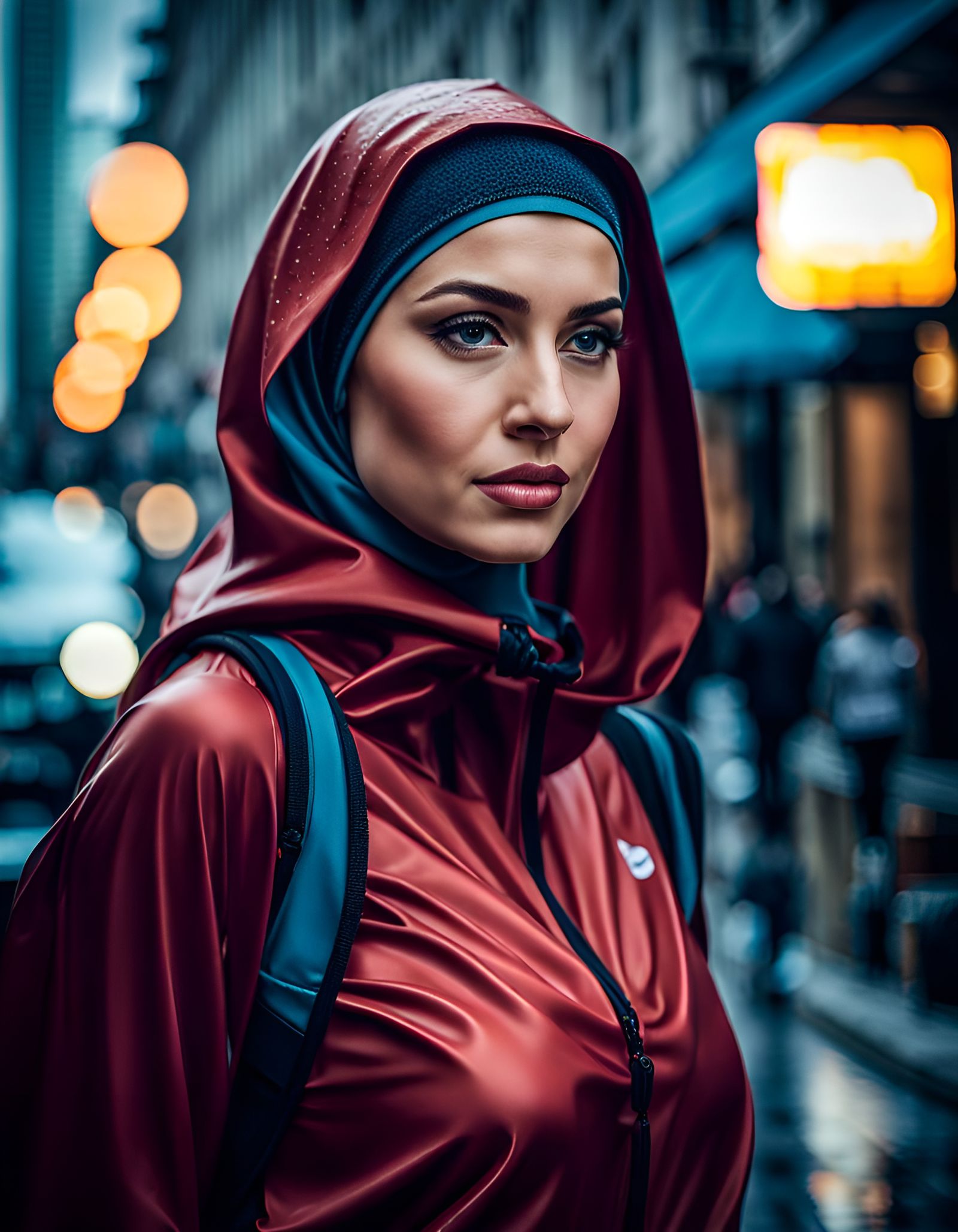 Curvy Woman in Sport Hijab Walking in Rainy City