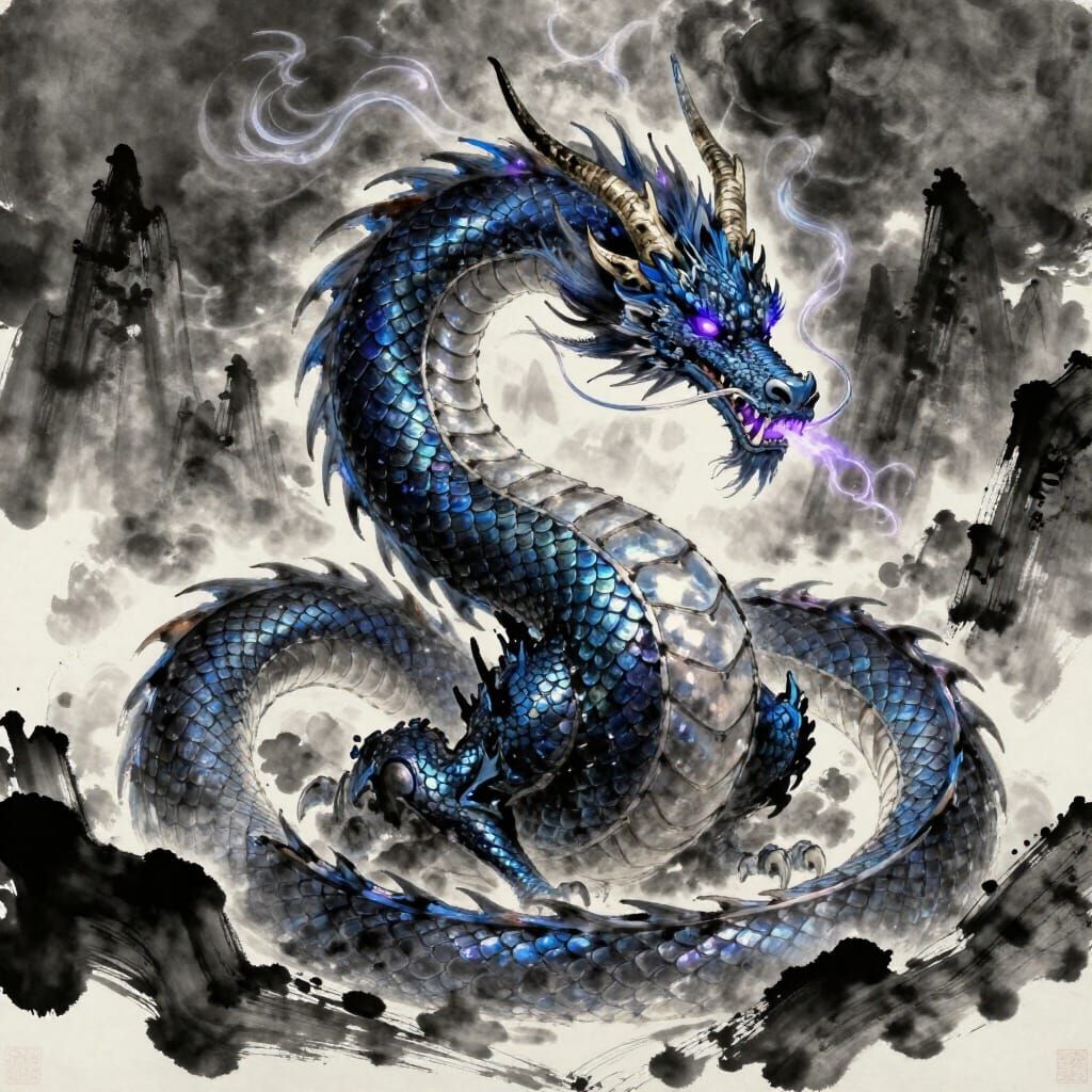 Majestic Oriental Dragon in Stormy Peaks