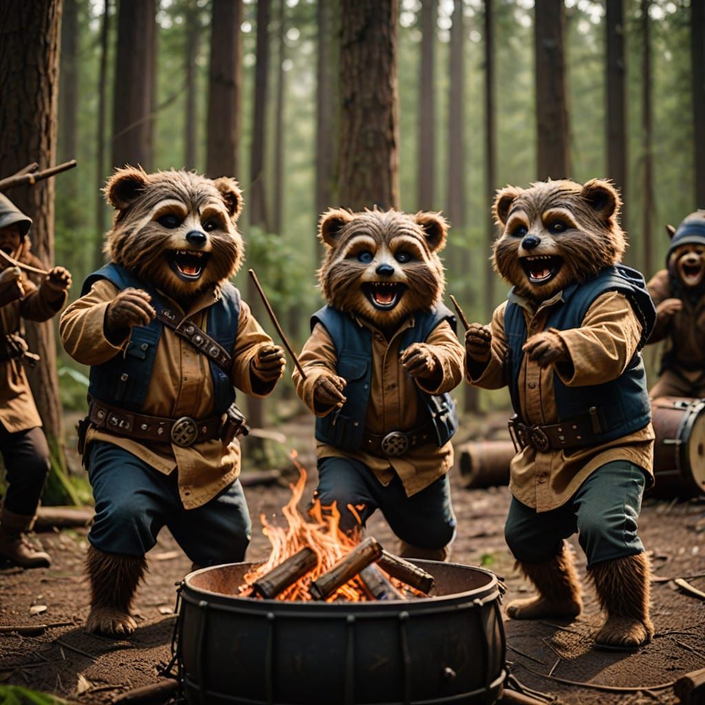 Ewoks celebrating their victory in the forest, bonfires blazing, drums beating, and laughter filling the air, capturing ...