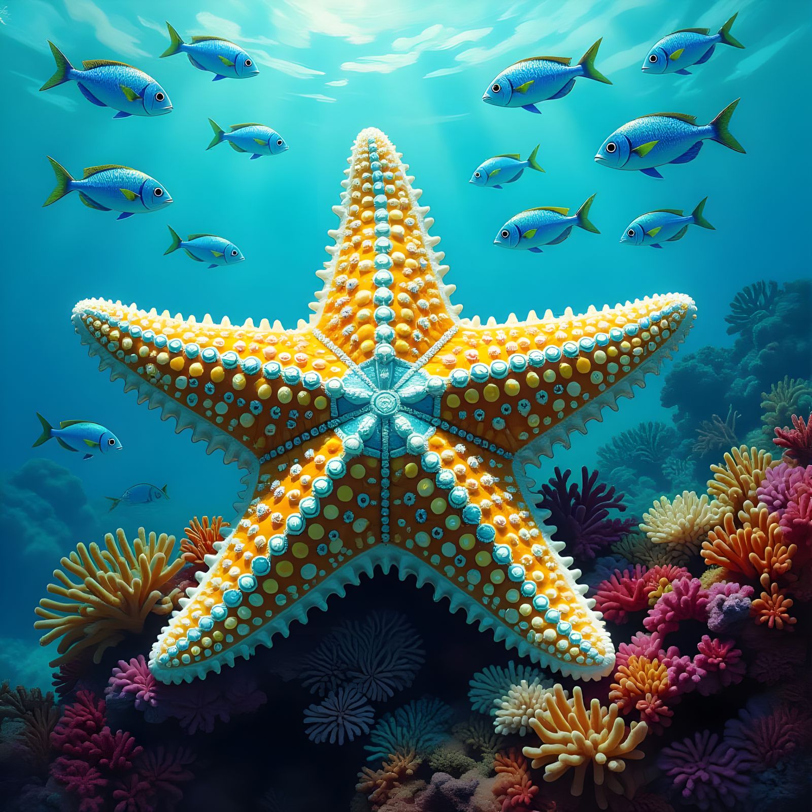 Turquoise Starfish on Coral Reef with Fish