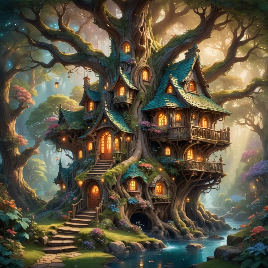 Fairy House in Ancient Tree, Watercolor Style