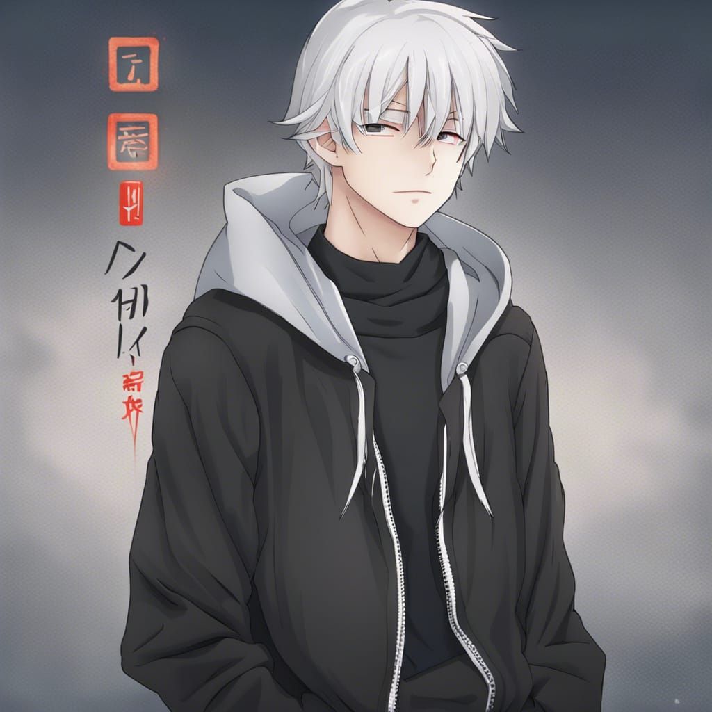 Anime Style White Haired Teen in Hoodie