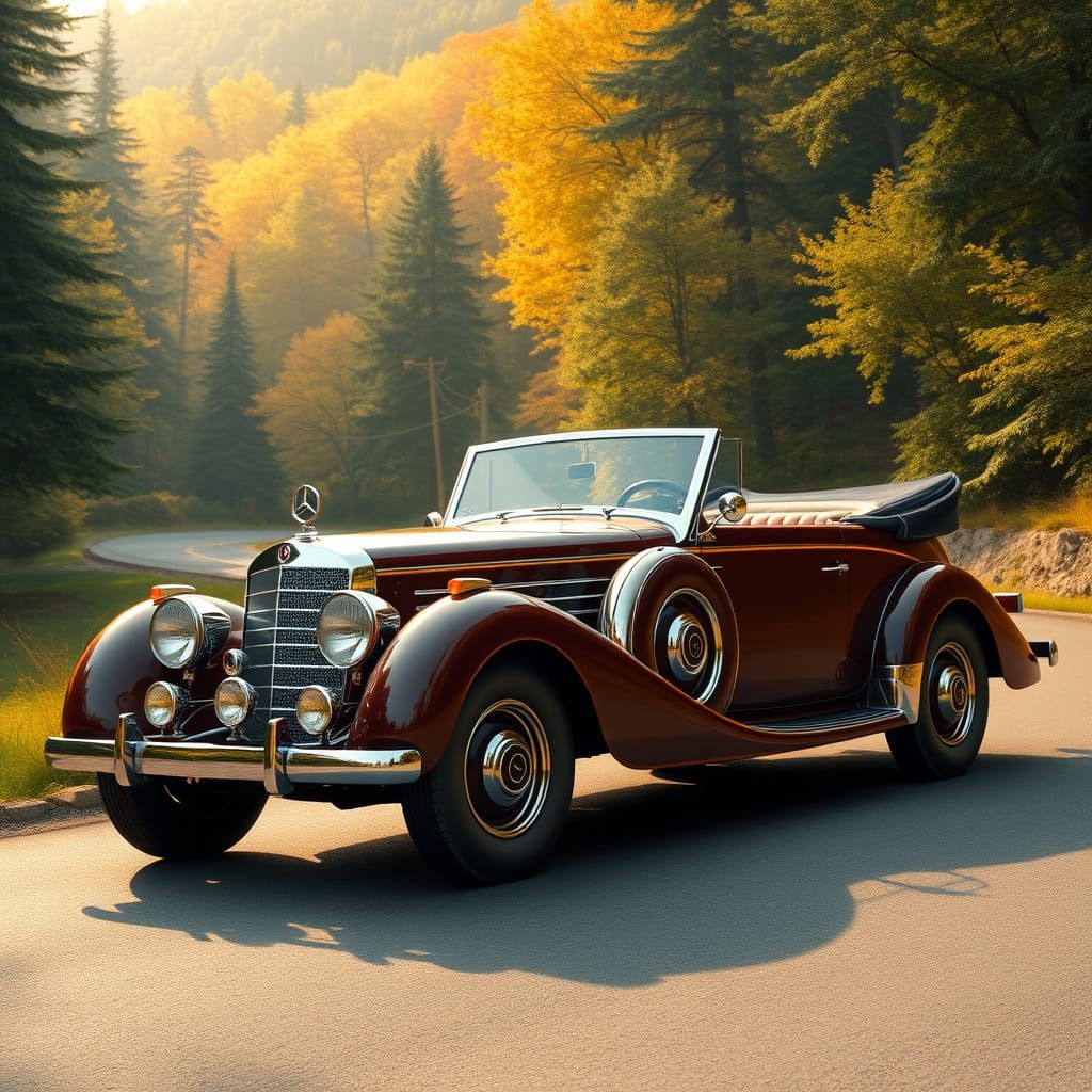 1937 Mercedes Benz 770K luxury convertible with a lush backdrop.