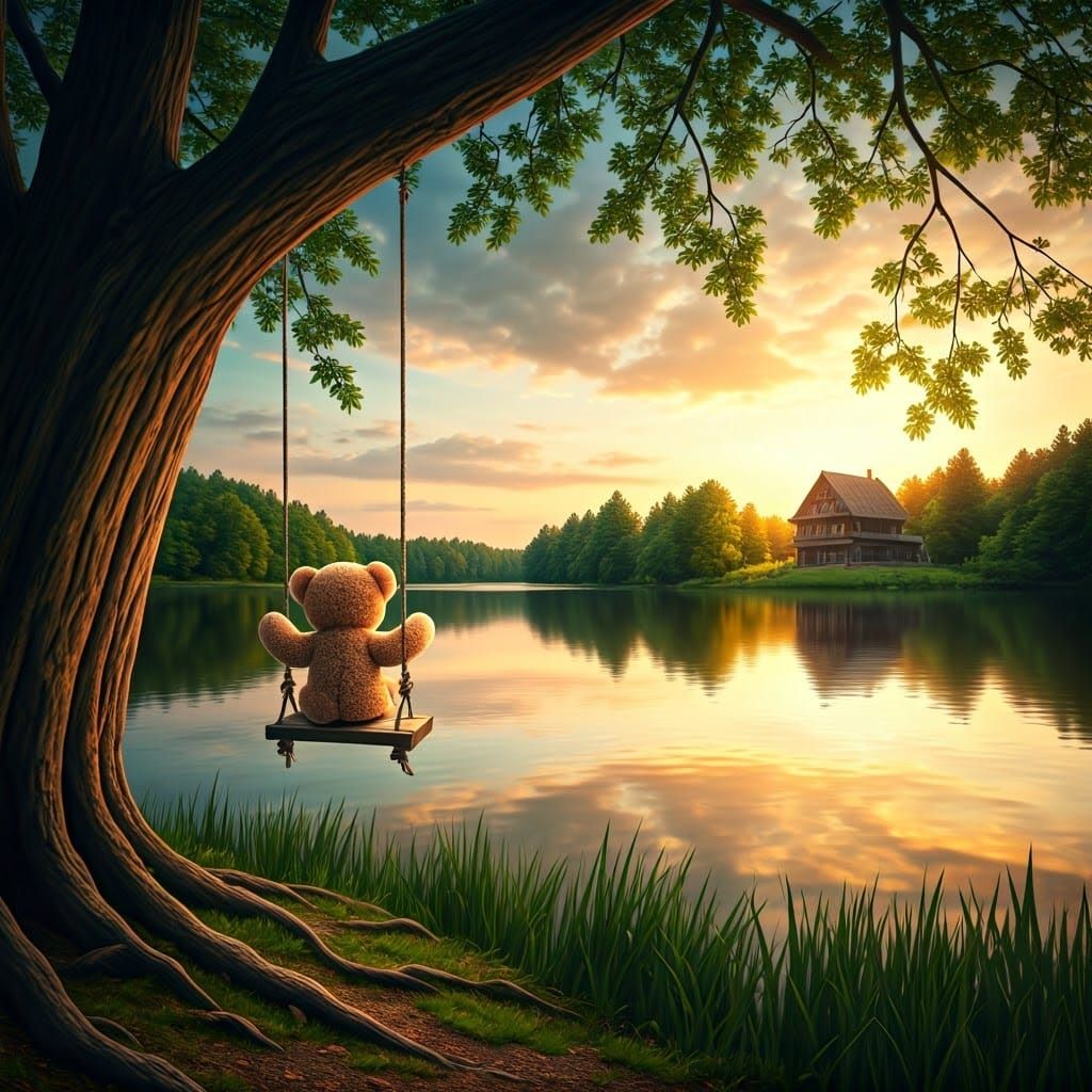 Teddy Bear on Swing at Sunset, Hyperrealistic Style