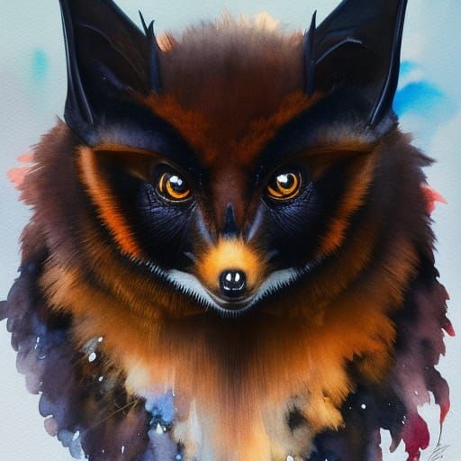 Flying Fox Bat in Watercolor Splash Art