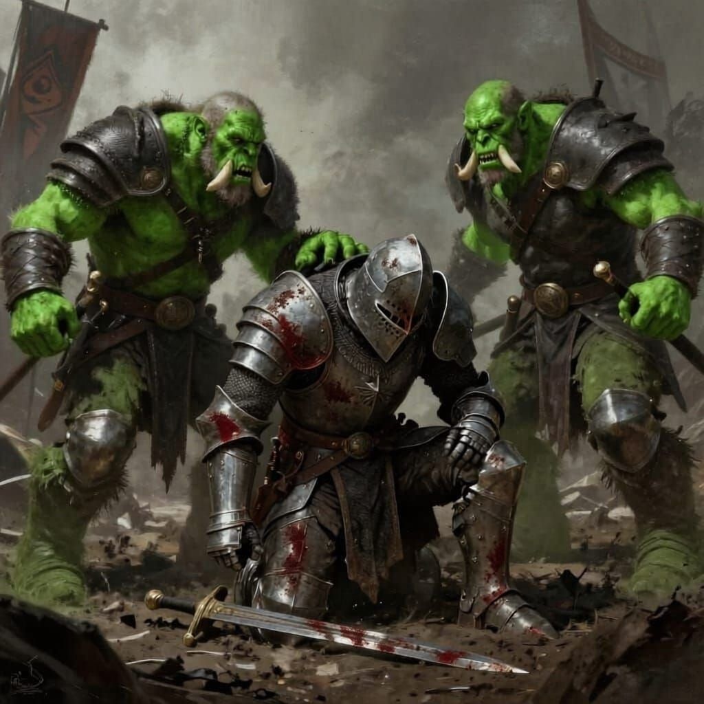 Orcs Subdue Defeated Knight in Fantasy Scene