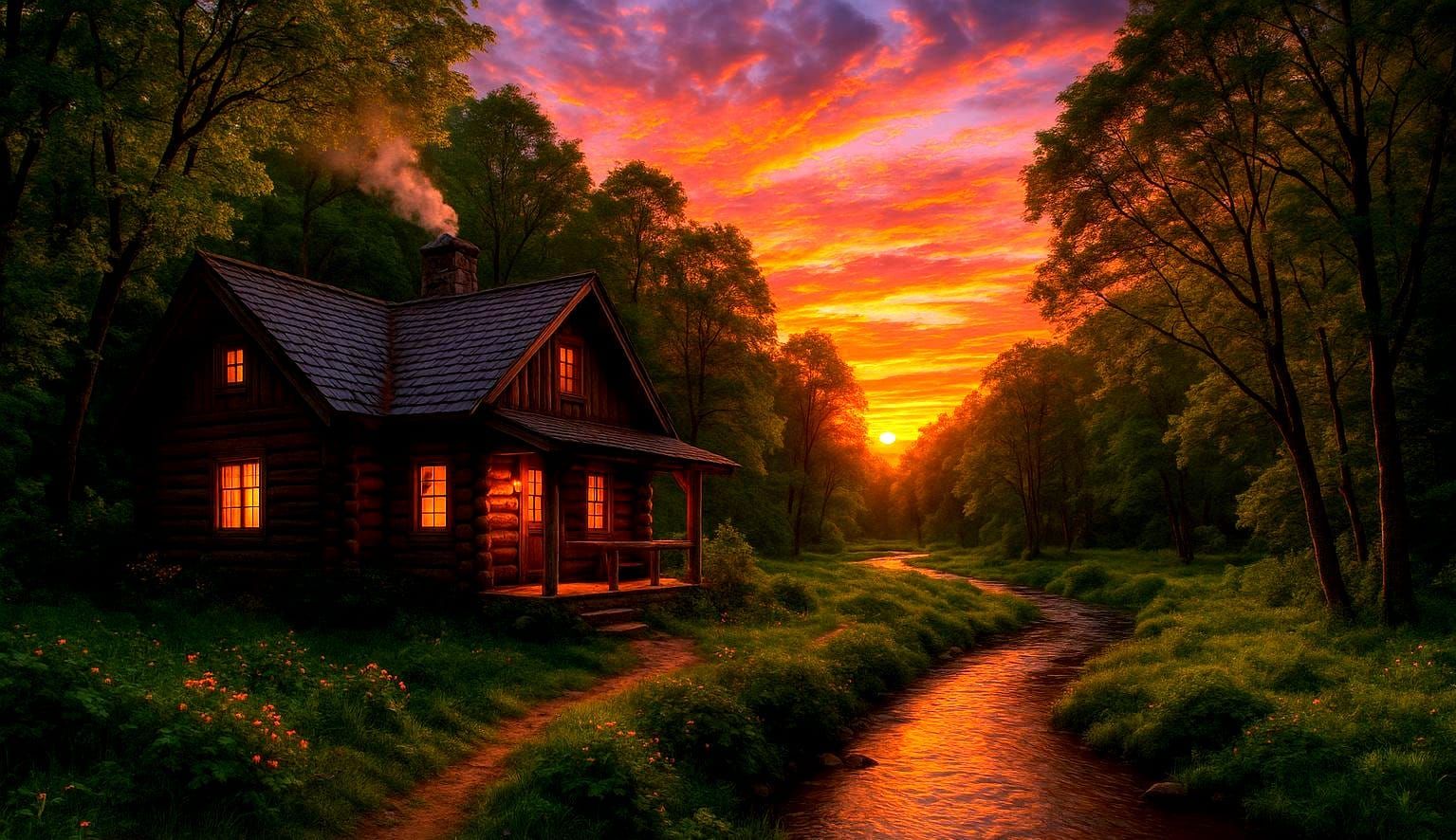 Cozy Cabin in Spring Woods at Sunset: Photorealistic