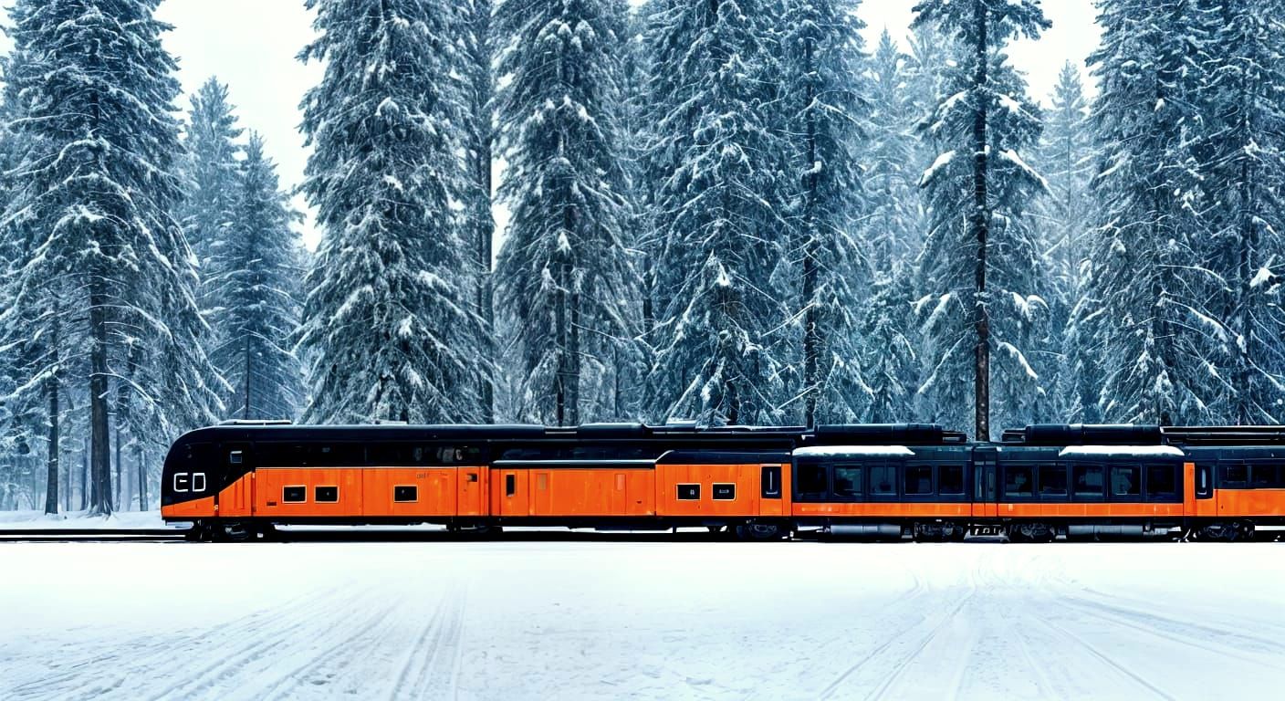 Futuristic Geometric Train in Snowy Forest