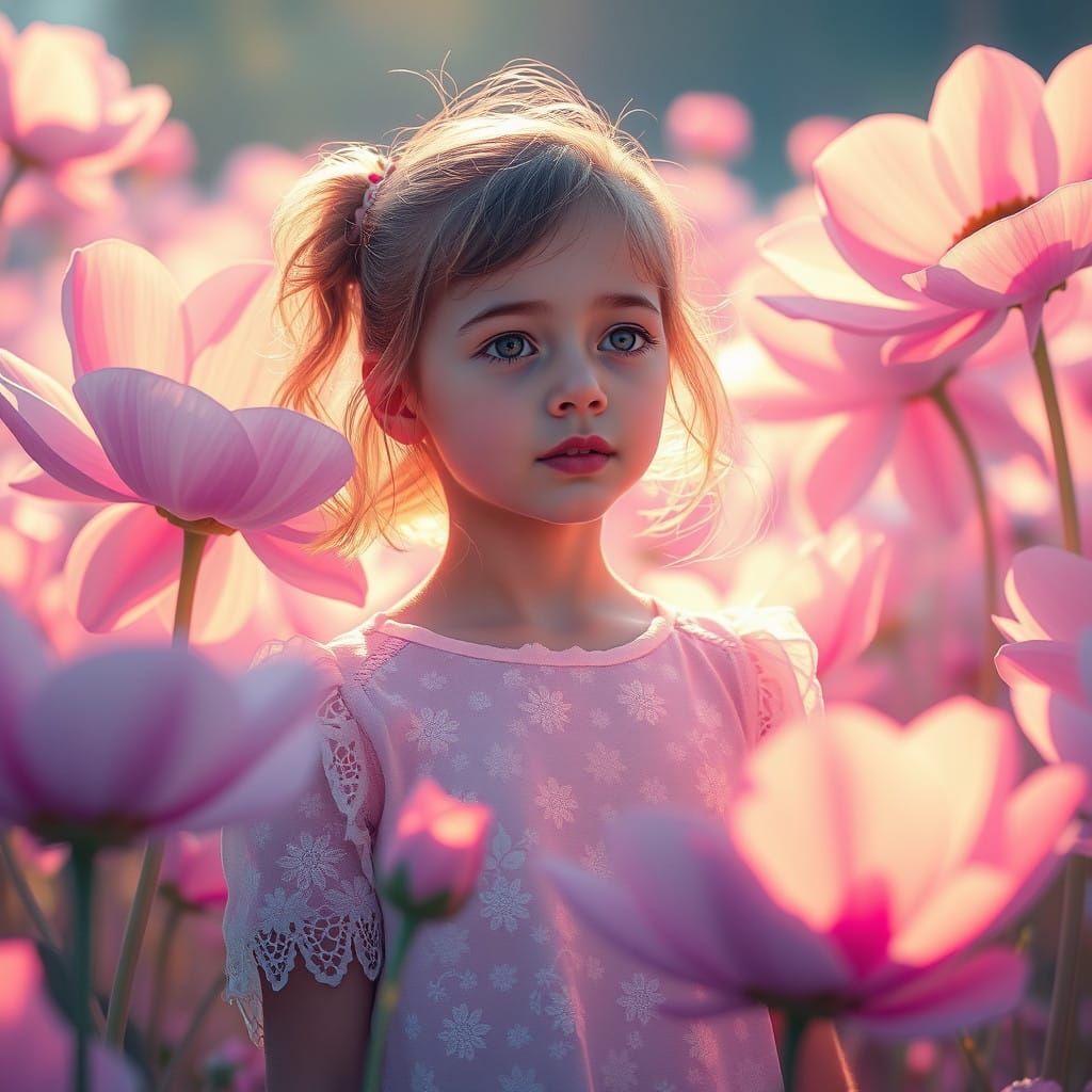 Ethereal Holographic Portrait in Dreamlike Floral Scene