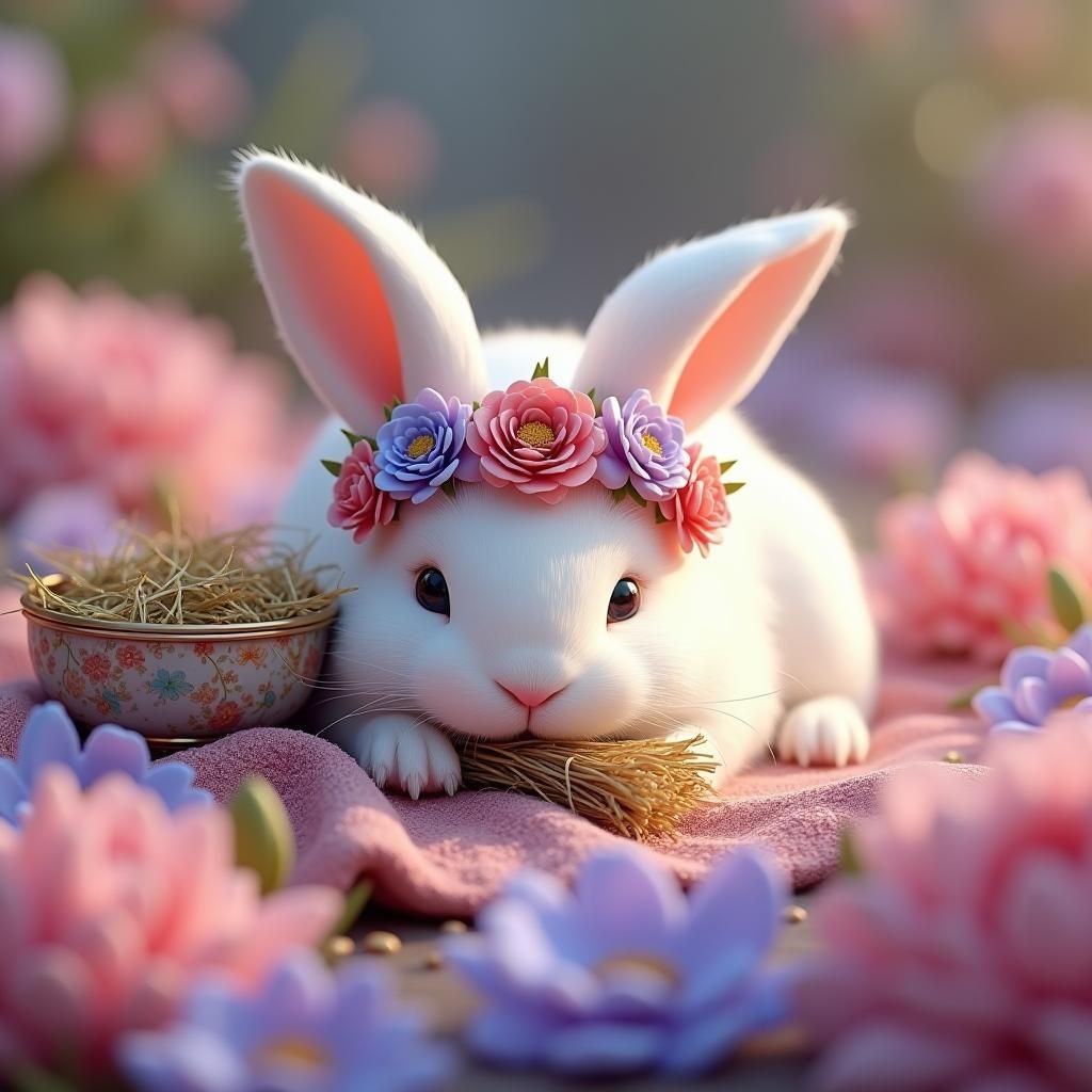 Albino Rabbit in Flower Bed, Digital Art