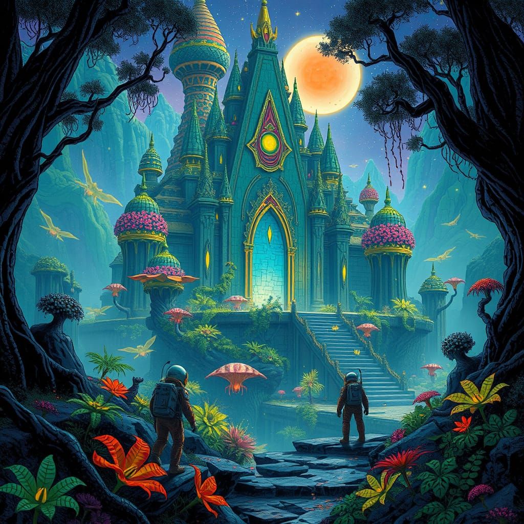 Astronaut Discovering Ancient Temple on Alien Planet