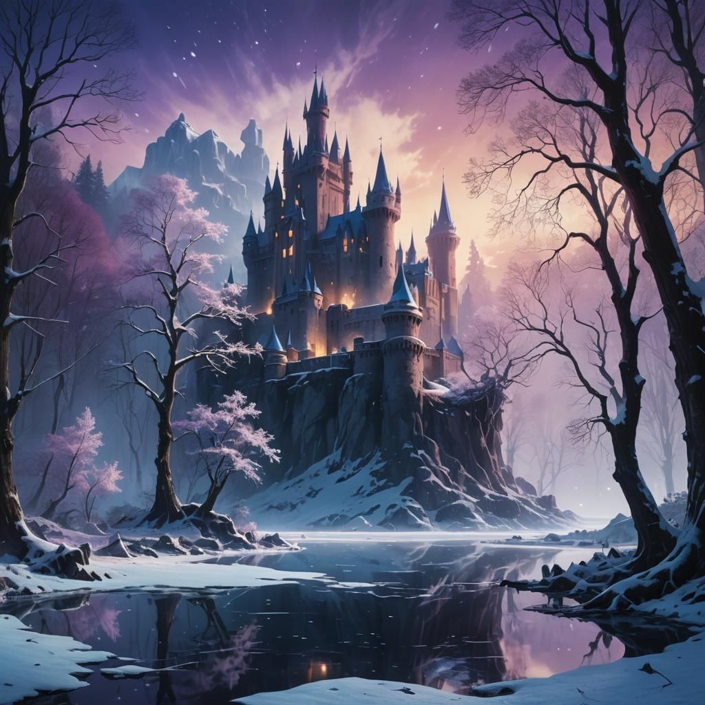 Ethereal Castle in Mystical Snowy Forest, Soft Volumetric Li...