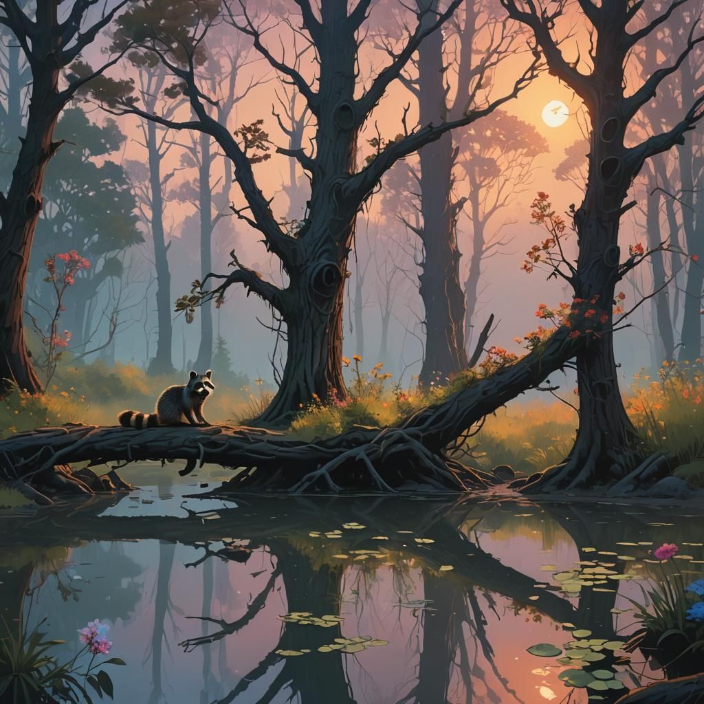 Raccoon in Misty Forest at Dawn