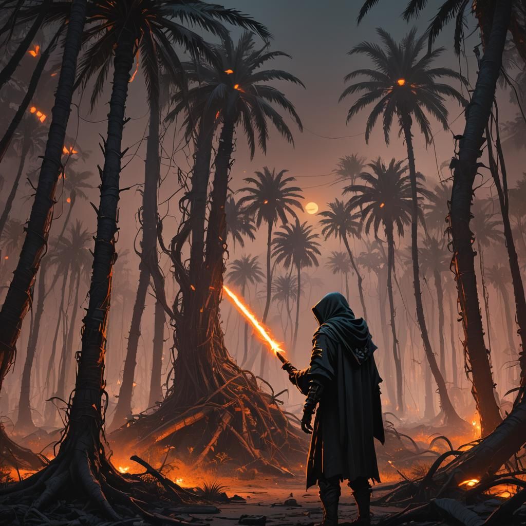 Hooded Figure Reads Hellish Scrolls by Twisted Trees