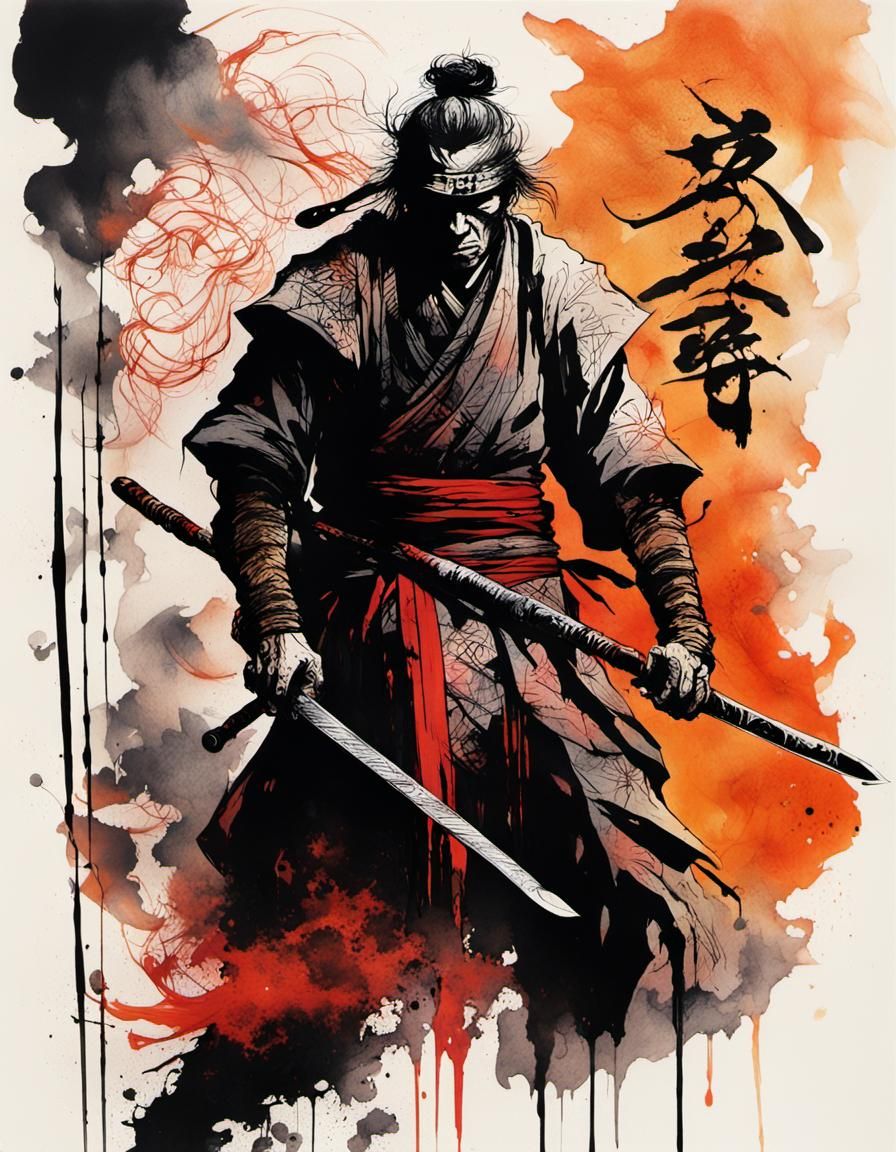 Ancient Samurai Warrior in Smoke Ink Art Style