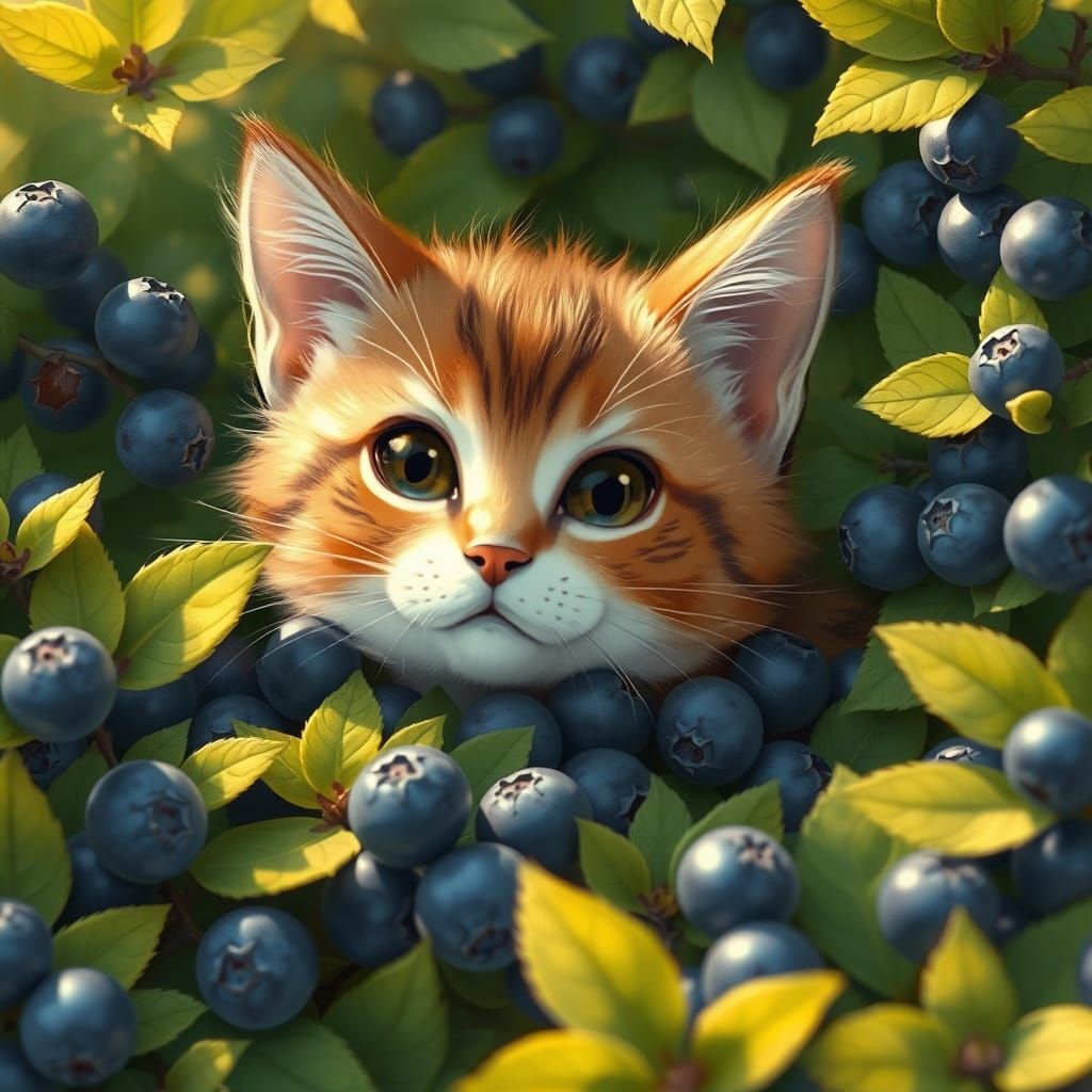 Cat Amidst Whimsical Blueberry Bloom