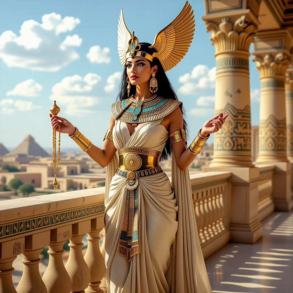 Regal Egyptian Queen in Gold Jewelry with Winged Headdress