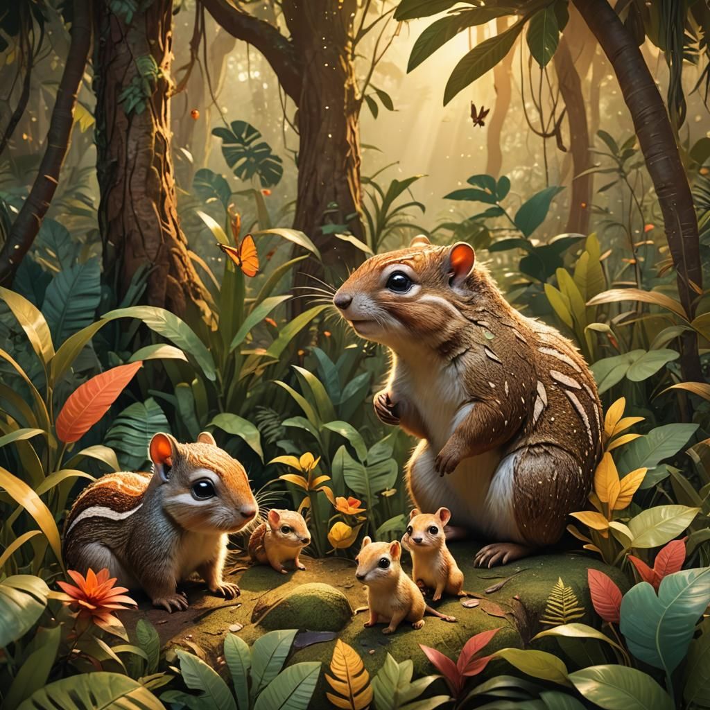 Squirrel Family in Jungle, 3D Fantasy Illustration